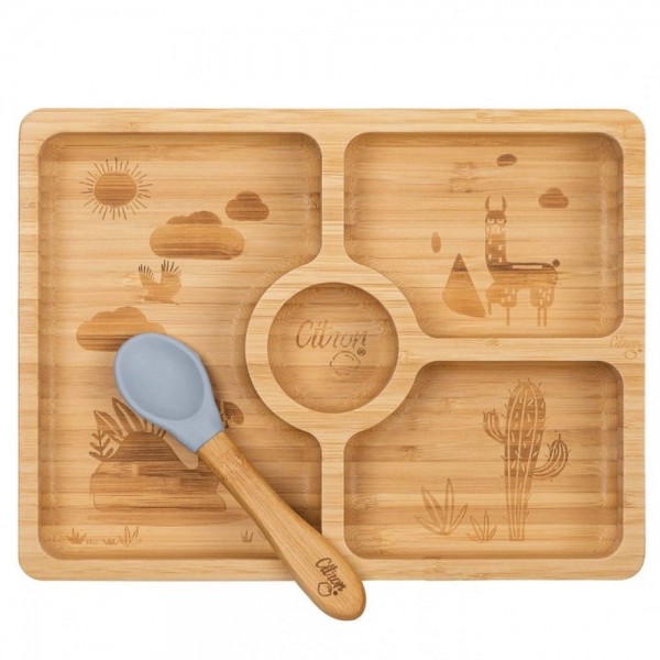 Bamboo Square Plate with Suction and Spoon Set - Dusty Blue