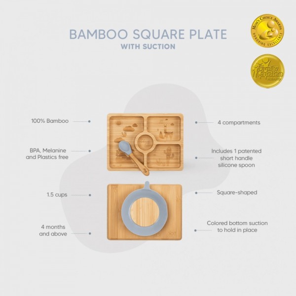 Bamboo Square Plate with Suction and Spoon Set - Dusty Blue