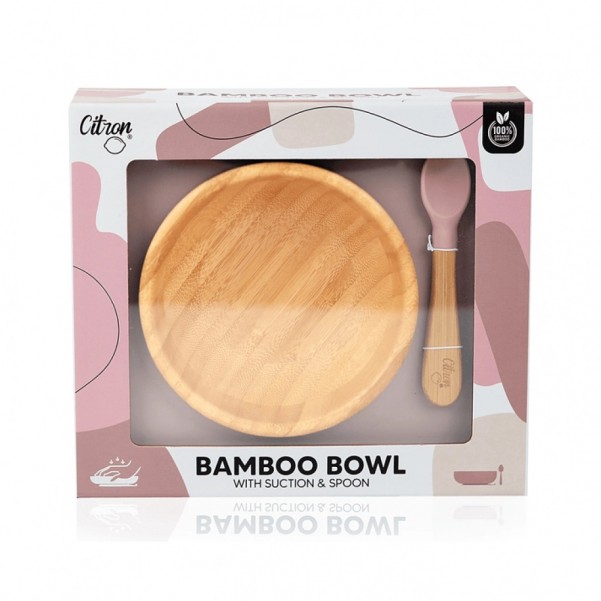 Bamboo Bowl with Suction and Spoon - Blush Pink
