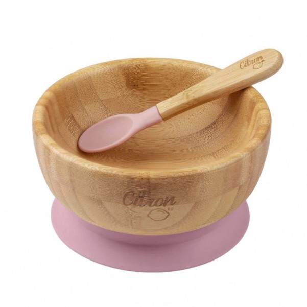 Bamboo Bowl with Suction and Spoon - Blush Pink