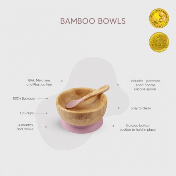 Bamboo Bowl with Suction and Spoon - Blush Pink