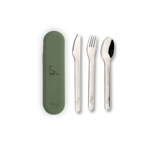 Stainless Steel Cutlery Set With Silicon Case - Dino Green - Citron