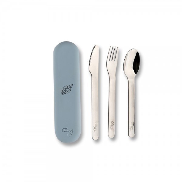 Stainless Steel Cutlery Set with Silicon Case - Spaceship Dusty Blue - citron