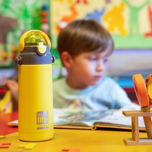Kids Thermos - Κίτρινο 400ml, με αποσπώμενο ιμάντα μεταφοράς- EcoLife