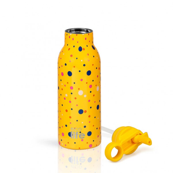 Ανοξείδωτο Θερμός - Dots In Yellow 550ml (Με Εσωτερικό Καλαμάκι) - EcoLife