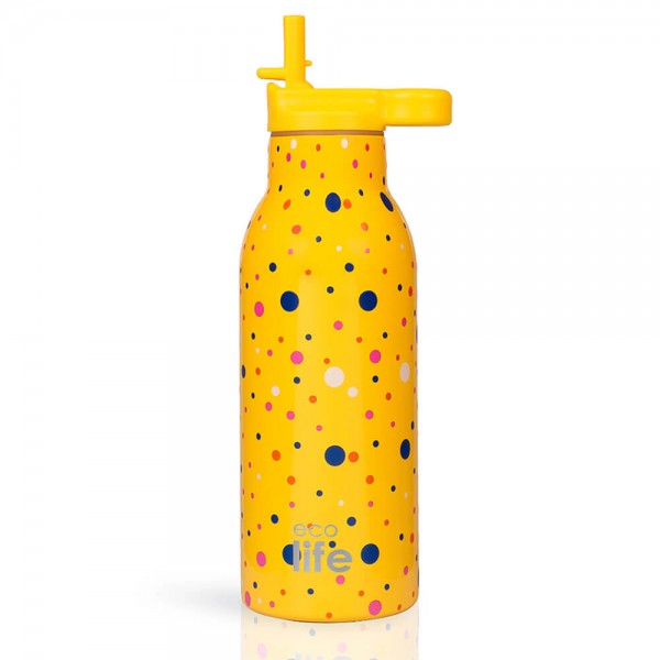 Ανοξείδωτο Θερμός - Dots In Yellow 550ml (Με Εσωτερικό Καλαμάκι) - EcoLife