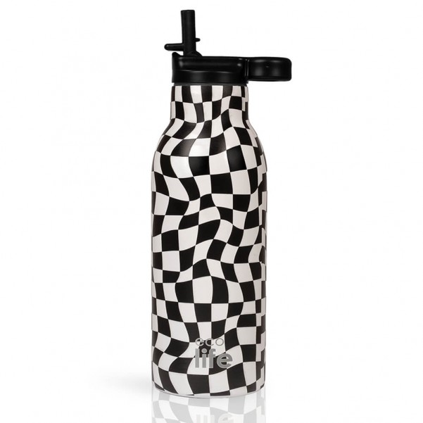 Ανοξείδωτο Θερμός - Black & White 550ml (Με Εσωτερικό Καλαμάκι) - EcoLife