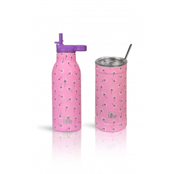 Ανοξείδωτο Θερμός - Pink Dandellion 550ml (Με Εσωτερικό Καλαμάκι) - EcoLife