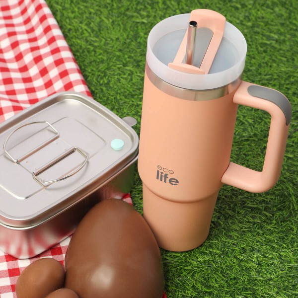 Tumbler - Flamingo Pink - 900ml με μεταλλικό καλαμάκι και βουρτσάκι - Ecolife