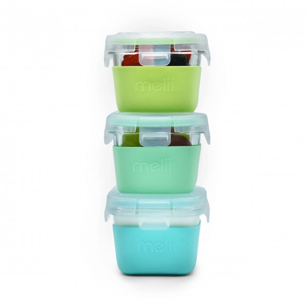 Glass Containers σε θήκες σιλικόνης (160ml set of 3) – mint, blue, lime - Melii
